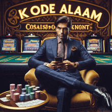 a man in a suit sits in a chair in front of a sign that says kode aalam