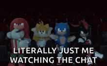 sonic the hedgehog , knuckles , tails , and shadow are sitting in a theater watching a movie .