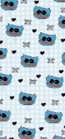 a pattern of blue cats and hearts on a light blue background