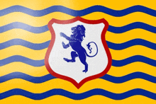 a shield with a blue lion on it is on a yellow and blue background