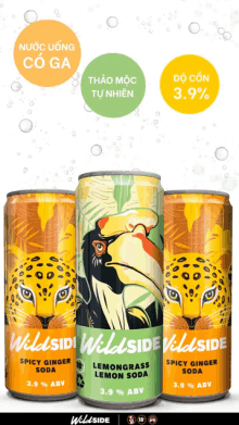 three cans of wildside lemongrass lemon soda are shown