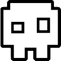 a black and white pixel art icon of a skull with squares on its face .