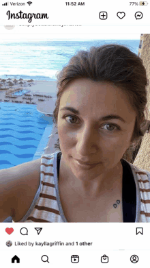 a woman is taking a selfie on instagram with a pool in the background