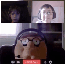 a cartoon character with glasses and headphones is on a video call with two young boys