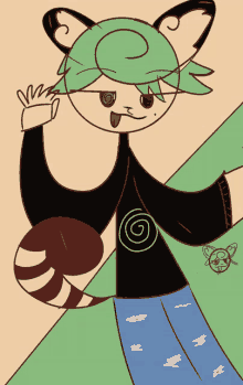 a drawing of a cartoon character with green hair and a swirl on his shirt