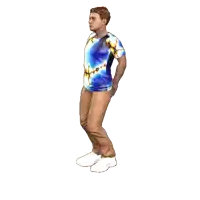 a man in a blue shirt and brown pants is jumping