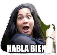 a sticker of a woman with a surprised look on her face and the words habla bien below her