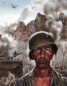 a painting of a soldier in a helmet standing in front of a tank in a battlefield .