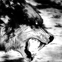 a black and white drawing of a wolf 's head with its mouth open