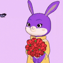 a purple bunny is holding a bouquet of red roses in front of a butterfly