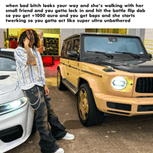 a man with dreadlocks is standing next to a large car