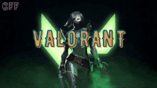 a woman in a mask is holding a gun in front of a green background with the words valorant written on it .