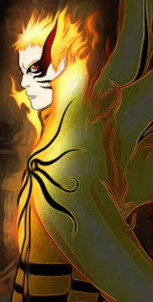 a close up of a cartoon character with a green cape and fire on his face .