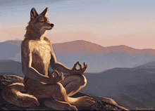 a painting of a fox sitting in a lotus position