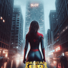 a woman in a spiderman costume stands in front of a building that says slot on it