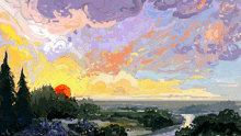 a painting of a sunset with trees in the foreground