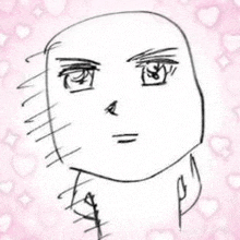 a black and white drawing of a person 's face on a pink background with hearts .