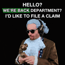 a man in a wig and sunglasses is holding a telephone and says hello we 're back