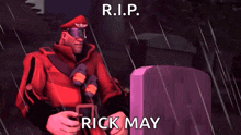 a man in a red uniform is standing in front of a grave and says rick may .