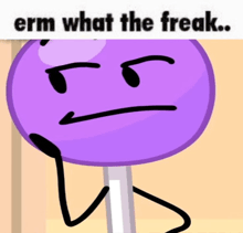 a purple lollipop with a face and the words " erm what the freak "