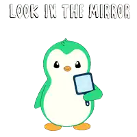 a penguin holding a mirror with the words look in the mirror