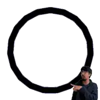 a man pointing at a yellow circle with a white background