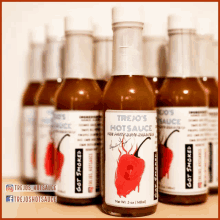 bottles of trejo 's hot sauce are lined up in a row