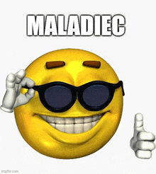 a yellow smiley face wearing sunglasses and the word maladiec above it