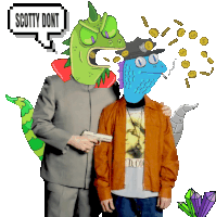 a man holding a gun stands next to a cartoon character with scotty dont written in a speech bubble