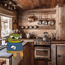 a cartoon frog sits on a counter in a kitchen with a viking stove