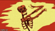 a drawing of a skeleton with a skull and ribs on a yellow and red background .