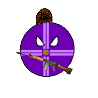 a purple cartoon character with a rifle in front of it