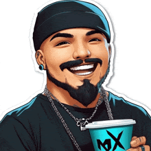 a man with a beard is smiling while holding a cup that says mx on it