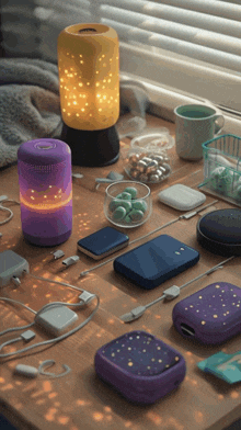 a purple speaker sits on a wooden table surrounded by electronics