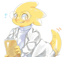 a drawing of a yellow monster with glasses and a clipboard