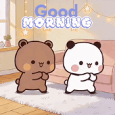 two bears are dancing in front of a couch with the words good morning behind them