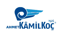 a blue logo for ahmet kamilkoc with a white background