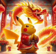 a pikachu standing in front of a dragon with chinese writing on it