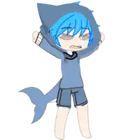 a drawing of a boy with blue hair wearing a shark hoodie