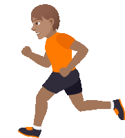 a cartoon illustration of a man in an orange shirt and black shorts running