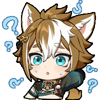 a cartoon character with a fox 's ears and blue eyes is surrounded by question marks