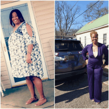 a woman in a white dress and purple jumpsuit stands in front of a toyota