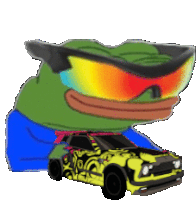 a cartoon frog wearing sunglasses and a yellow car