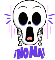 a cartoon of a skull with a surprised look on its face and the words inoma below it