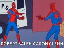 a cartoon of two spider-man pointing at each other with the name robert saleh aaron glenn