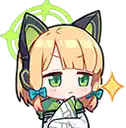 a cartoon of a girl with cat ears and green eyes holding a bag .