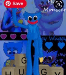 a blue monster is standing next to a bunch of boxes with the letters g and u on them .