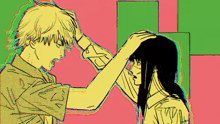 a man and a woman are standing next to each other and the man is putting his hand on the woman 's head .