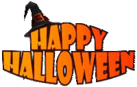 a happy halloween logo with a witch hat on top of it .