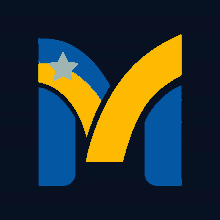 a blue and yellow letter m with a white star in the middle